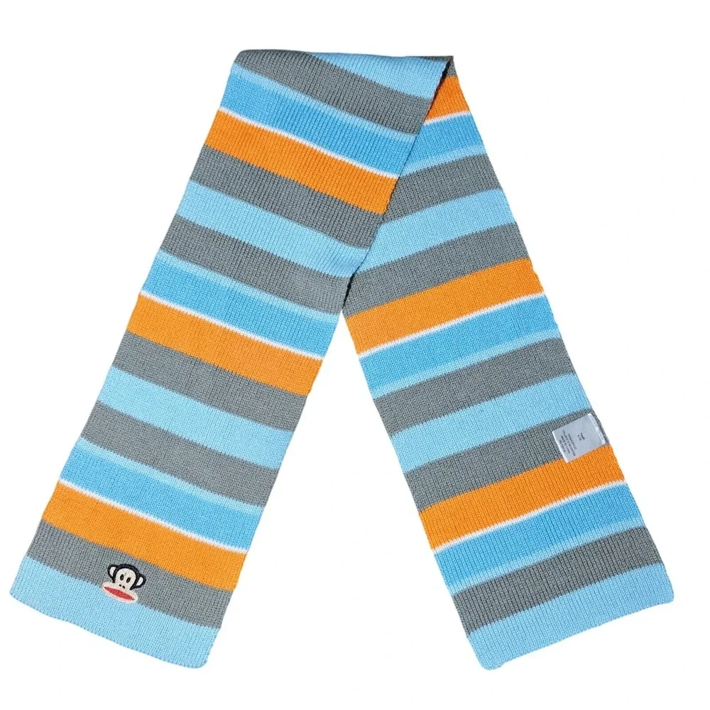 Paul Frank Kids Youth 4-16 Striped‎ Scarf Orange Blue Gray Monkey Logo